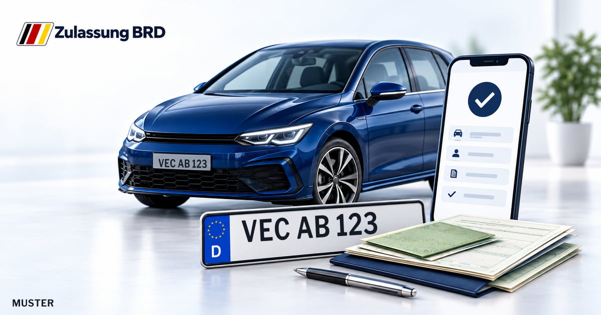 Online Fahrzeugzulassung in Goldenstedt: Musterkennzeichen VEC AB 123, Auto und Fahrzeugpapiere und Smartphone. Illustration mit Logo von Zulassung BRD.